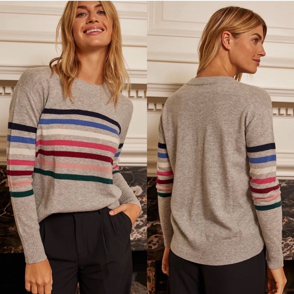 SUMMERSALT The Coziest Cashmere Blend Striped Crew-Rainbow Stripe on Wolf Size S